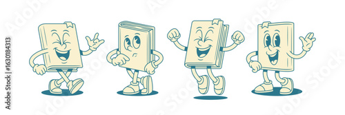Cute positive childish book cartoon character smiley set vector illustration. Comic funny minimalist textbook literature library mascot rock gesture overjoyed win doubt pensive greeting