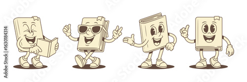 Cheerful funny childish book cartoon character smiley set vector illustration. Comic cute minimalist textbook literature library mascot welcome reading summer sunglasses innovation idea