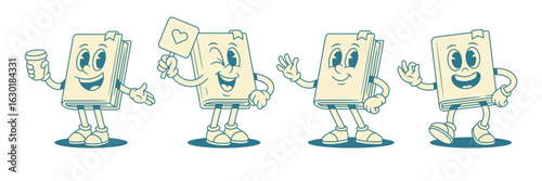 Cute comic childish book cartoon character emoticon set vector illustration. Funky smiling minimalist textbook literature library mascot greeting okay morning coffee heart like signboard