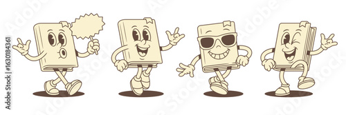 Overjoyed funny childish book cartoon character set vector illustration. Comic positive minimalist textbook literature mascot empty signboard rock gesture summer sunglasses emoticon