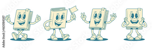 Comic funny childish book cartoon character emoji set vector illustration. Cute smiling minimalist textbook literature library mascot greeting flag astonished surprise positive emotion