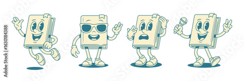 Cheerful childish book cartoon character emoticon set vector illustration. Cute comic minimalist textbook literature library mascot flying greeting summer sunglasses shocked microphone sing