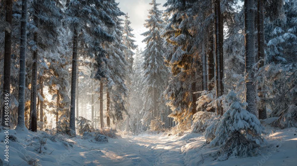 Obraz premium Winter wonderland walk snowy forest trail scenic nature photography serene landscape peaceful viewpoint tranquil atmosphere