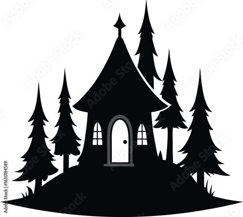 Whimsical fairy tale cottage with pine trees silhouette isolated on white background