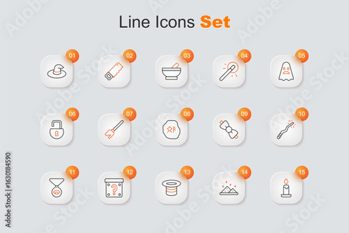 Set line Burning candle, Magic powder, hat, Mystery box, Medallion on chain with eye, wand, Bow tie and runes icon. Vector