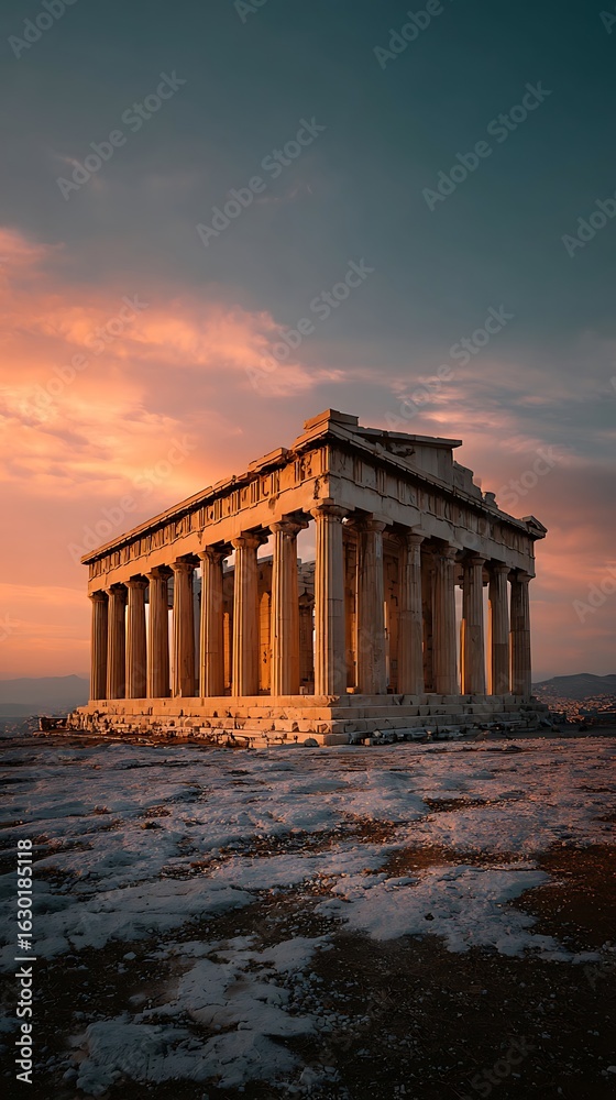 Obraz premium Ancient temple structure at sunset.