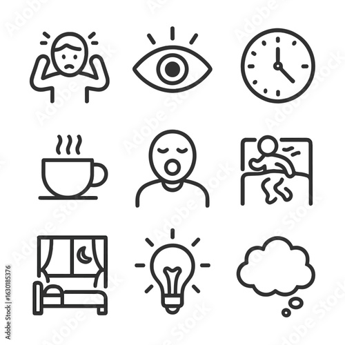 Insomnia Icons Set. Outline icon set of insomnia symptoms: restless person, wide-open eye, clock showing late hour, coffee cup,