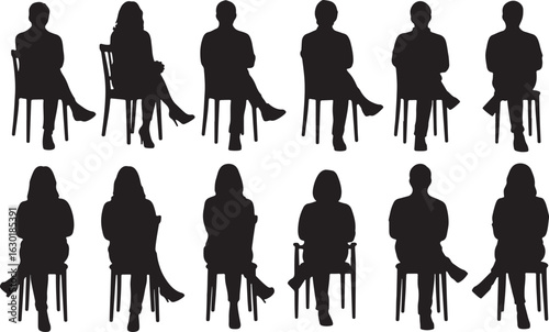Silhouette of seated people in chairs sitting, seated, people, silhouette, chairs, sitting, men, women, adults, collection, group, diverse, posture, cross-legged, arms crossed, waiting, contemplation,