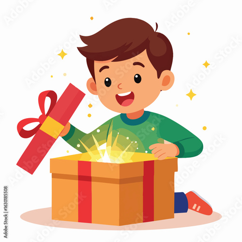 A joyful boy opening a glowing gift box with a red ribbon.