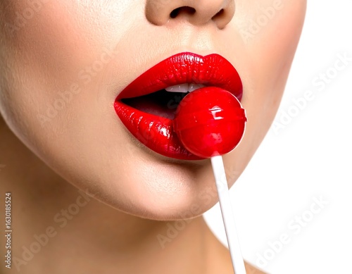 Close-up of woman with red lips and lollipop