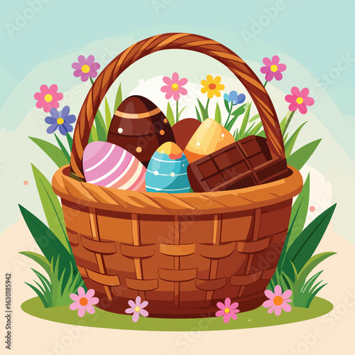 A woven basket overflowing with decorated Easter eggs and chocolate, surrounded by spring flowers.