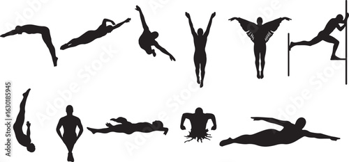 Silhouettes of Divers in Mid- Air Action Poses diving, diving, diver, silhouette, person, people, human, figure, sport, athletic, action, mid-air, jump, dive, splash, water, swimming, pool, competitio