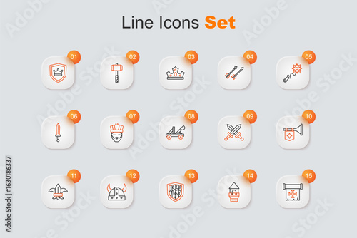 Set line Crusade, Castle tower, Shield, Viking in horned helmet, Fleur lys lily flower, Trumpet with flag, Crossed medieval sword and Medieval catapult icon. Vector