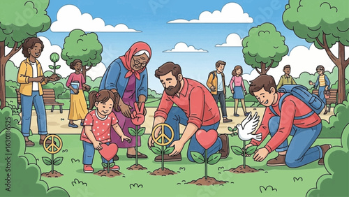 Illustration of a diverse community cultivating peace and love, planting symbolic saplings together in a park.