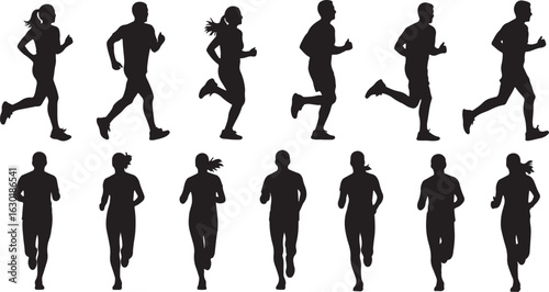 Silhouettes of men and women running in different poses, running, jogging, fitness, exercise, sport, health, active, lifestyle, motion, speed, athlete, runner, people, human, male, female, silhouette,
