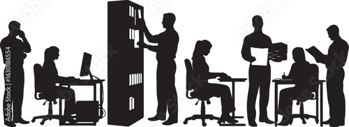Silhouettes of People Working in an Office Setting, office, work, people, silhouette, business, employees, colleagues, teamwork, collaboration, desk, computer, computer desk, bookshelf, filing cabinet