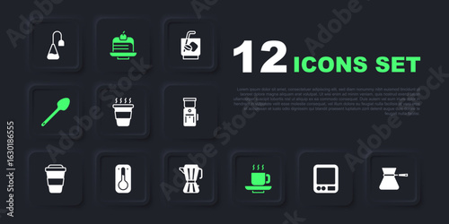 Set Electronic coffee scales, Coffee turk, cup to go, Teaspoon, thermometer, Piece cake and maker moca pot icon. Vector