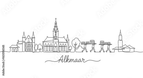 Alkmaar with Netherlands Skyline Line Art Illustration.