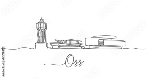 Oss Netherlands Skyline Outline with Line Art, and Minimalist Illustration.
