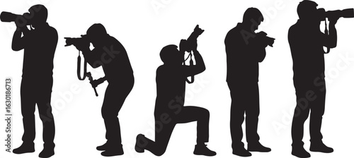 Silhouettes of Photographers with Cameras photography, silhouette, photographer, photography, camera, professional, hobby, action, kneeling, standing, holding camera, shooting, capturing, image, pictu