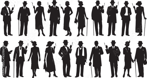 Silhouettes of stylish people from the 1920s Keywords: people, silhouette, man, woman, vintage, vector, background, holding, illustration, description:, man, people, smoking, isolated, retro, hat, att