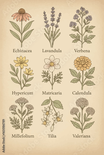 Vintage botanical illustration of nine medicinal herbs labeled with their Latin names, including Echinacea, Lavandula, and Valeriana