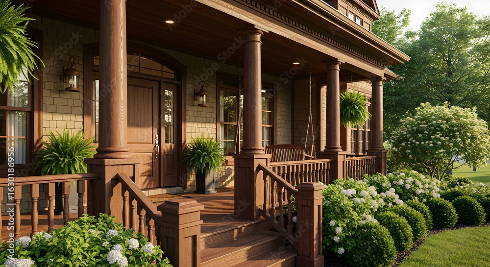 Fototapeta premium Wooden front porch with landscaping