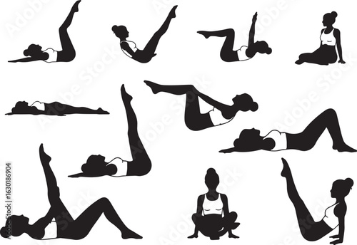 Silhouettes of Woman Performing Pilates Exercises yoga, woman, silhouette, pilates, yoga, exercise, fitness, stretching, flexibility, strength, healthy lifestyle, wellness, body, movement, pose, activ