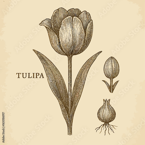 Vintage botanical illustration of a tulip (Tulipa) showing flower, bulb, root, and bud anatomy in engraved etching style — perfect for educational prints, herbarium art, or antique decor