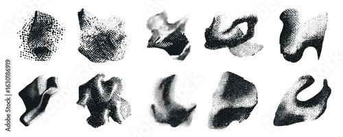 Halftone flowing wavy surface set. Abstract dynamic liquid shapes with dotted texture vector design