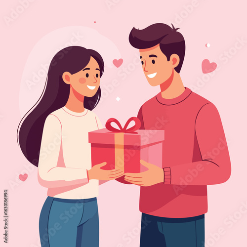 A happy couple exchanging a gift, expressing affection and joy.
