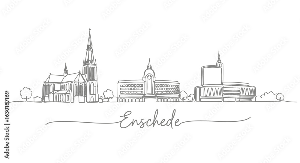 Fototapeta premium Enschede Skyline Line Art Illustration with Netherlands Cityscape.