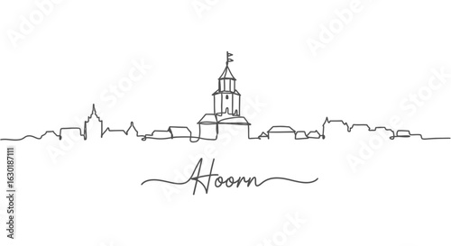 Hoorn Netherlands Skyline  One Line Drawing with Architecture Art.