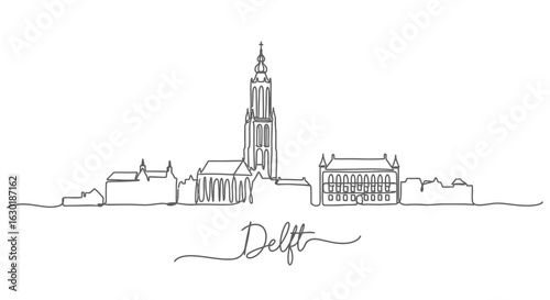 Delft Netherlands Skyline Continuous Line Art with Black on White.