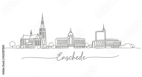 Enschede Skyline Line Art Illustration with Netherlands Cityscape.