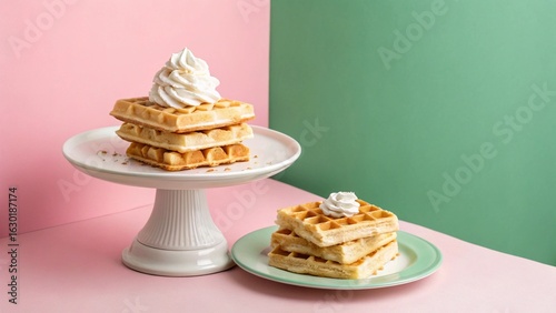 Delicious sweet dessert of baked pastry with whipped cream and a red cherry on a plate