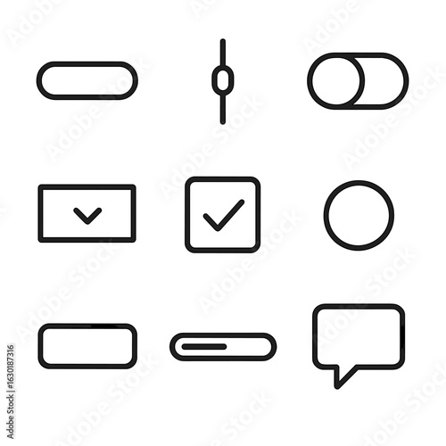 Interface Elements Icons. Outline icon set of interface elements: button, slider, toggle switch, dropdown menu, checkbox, radio