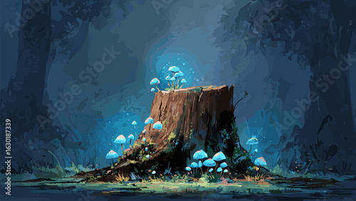 Magic stump with glowing mushrooms. Fantasy forest night landscape, fairytale nature vector scene
