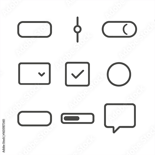 Interface Elements Icons. Outline icon set of interface elements: button, slider, toggle switch, dropdown menu, checkbox, radio