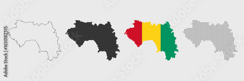 Guinea map detailed in outline, grey, flag color, and dotted style