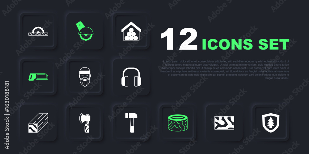 Set Wooden beam, Shield with tree, Lumberjack, logs, Hacksaw, axe, Electric circular and Hammer icon. Vector Set Wooden beam, Shield with tree, Lumberjack, logs, Hacksaw, axe, Electric circular and Hammer icon. Vector