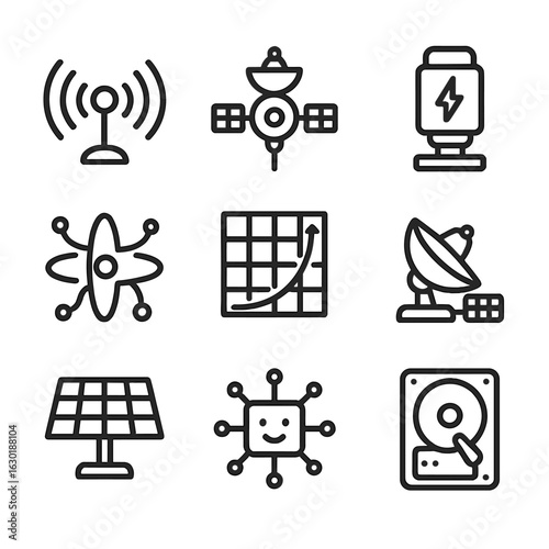 Interstellar Icon Set. Outline icon set of interstellar exploration elements: heliopause sensor, interstellar medium probe, cosmic