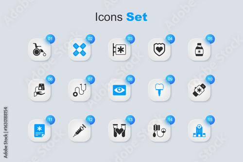 Set Blood pressure, Stethoscope, Crossed bandage plaster, Patient record, Hospital building, Smart watch with heart, Wheelchair for disabled person and Red eye effect icon. Vector