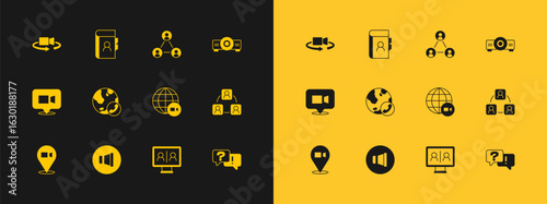 Set Movie, film, media projector, Speaker volume, Video chat conference, Meeting, 360 degree view and Phone book icon. Vector