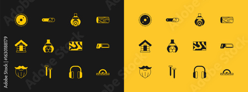 Slika na platnu Set Wooden log, Metallic nails, beam, Headphones, Grapple crane grabbed, Circular saw blade and Chainsaw icon