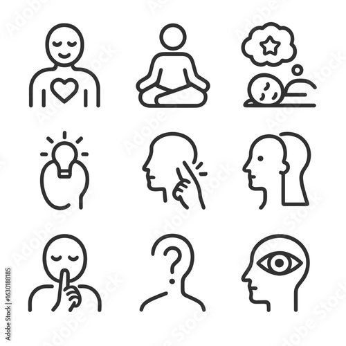 Intuitive Actions Icons. Outline icon set of intuitive actions: gut feeling, meditation, dream, insight, hunch, reflection,