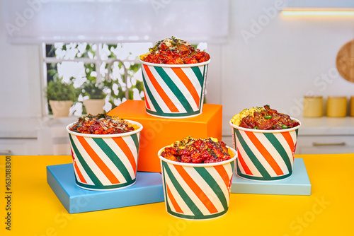 컵밥 여러개를 컨셉에 맞게 놓여진 모습