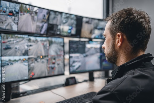 Surveillance operator monitoring traffic and street activity from control center with multiple screens