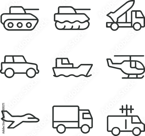 Modern Military Support Vehicle Icon Set Neutral Line Art