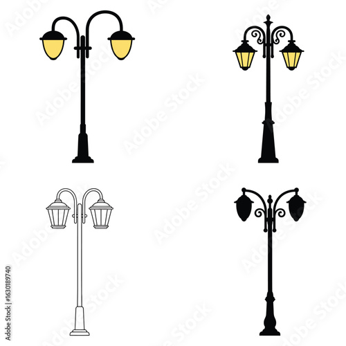 professional high quality Four Distinct Street Lamp Designs with Unique Features . flat vector 